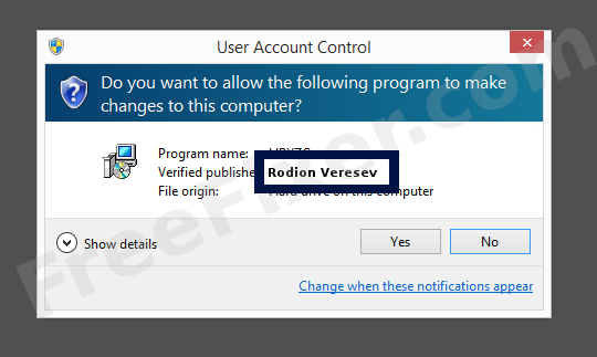Screenshot where Rodion Veresev appears as the verified publisher in the UAC dialog